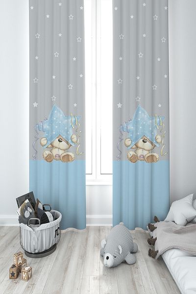 MEKTA HOME BABY AND KIDS ROOM Star and Teddy Bear Patterned Blue Striped 2 Wing Background Curtain