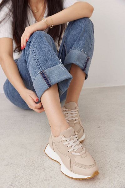 NILUFARR Sara Beige Genuine Leather Lace-Up Women's Sneakers