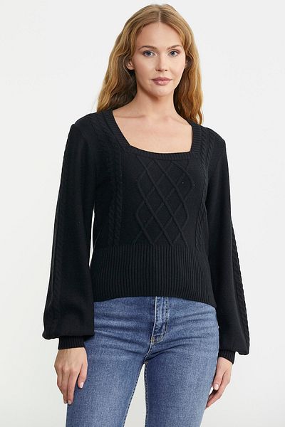 Sementa Pulover din tricot cu mânecă largă cu gât pătrat - negru