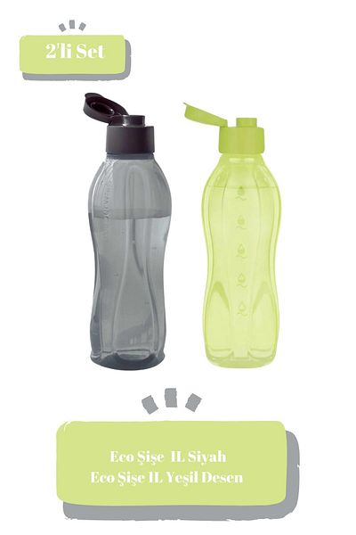 Tupperware Eco Bottle Easy Cover 1L Black Water Bottle Flask Green Pattern Eco-Friendly Set of 2