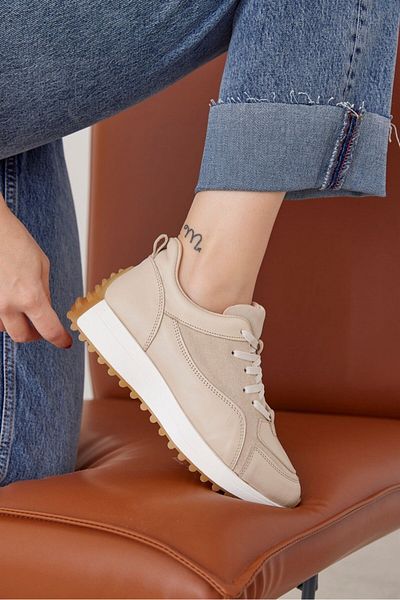 NILUFARR Sara Beige Genuine Leather Lace-Up Women's Sneakers