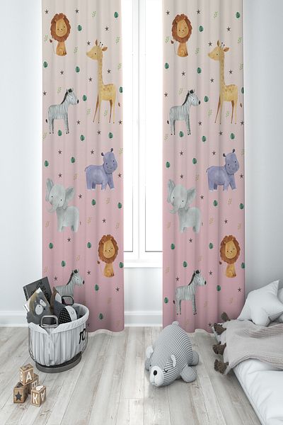 MEKTA HOME BABY AND KIDS ROOM Safari Patterned Pink 2 Wing Background Curtain