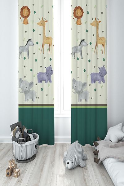 MEKTA HOME BABY AND KIDS ROOM Safari Patterned 2 Wing Background Curtain