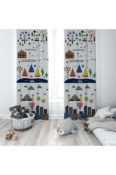 MEKTA HOME Play Mat Patterned Children's and Baby's Room Background Curtain 2 Wings Mktp-252