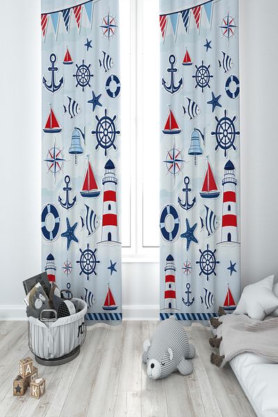 MEKTA HOME BABY AND KIDS ROOM Sailor Motif Patterned 2 Wings Background Curtain