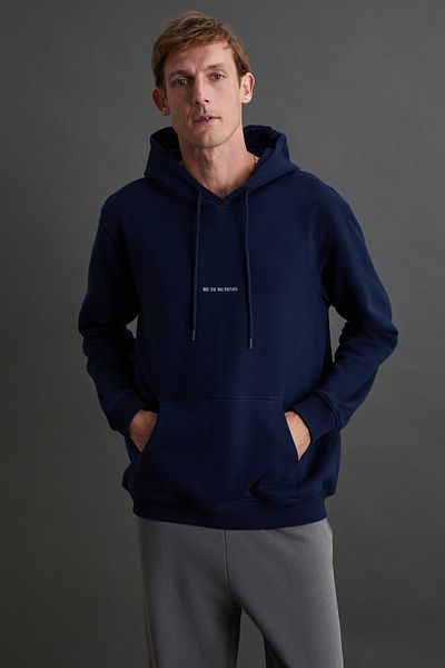 GRIMELANGE Hanorac pentru bărbați bleumarin - Detaliu broderie, glugă, șnur, țesătură moale