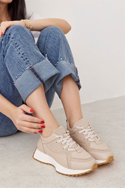 NILUFARR Sara Bej Hakiki Deri Bağcıklı Kadın Sneaker