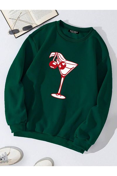 SOFTWAY Φούτερ Unisex Oversize Cherry Cocktail με στάμπα - Crew Neck, Σκούρο Πράσινο