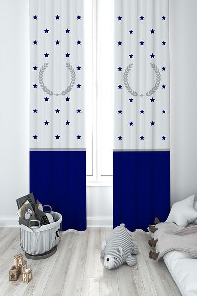 MEKTA HOME BABY AND KIDS ROOM Spike and Star Patterned Blue Gray Framed 2 Wing Background Curtain