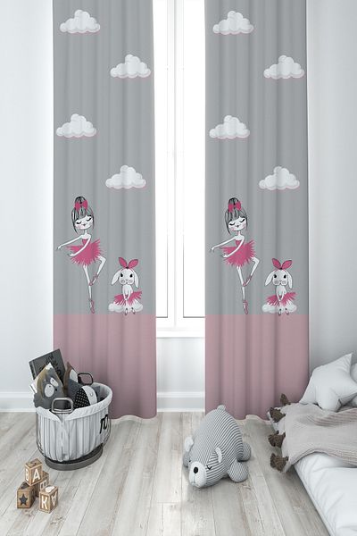 MEKTA HOME BABY AND KIDS ROOM Princess Girl and Rabbit Patterned Hopscotch 2 Wings Background Curtain
