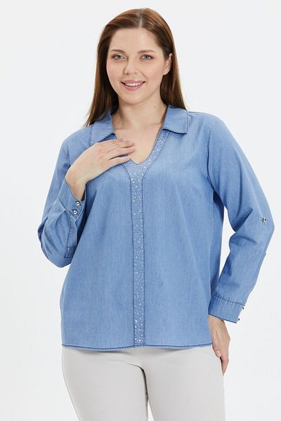 Selen Giyim Plus Size Shirt Collar Blouse with Rhinestone Front