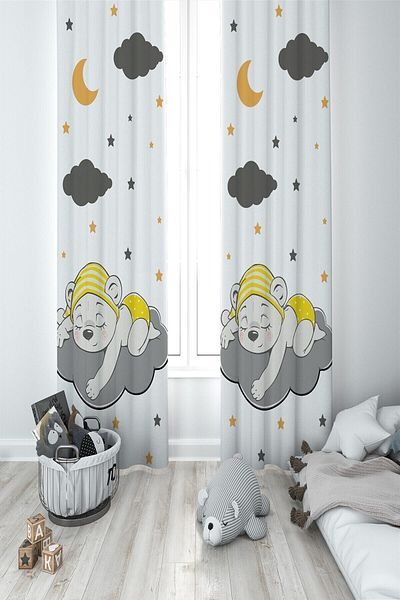 MEKTA HOME Unisex White Children's Baby Room with Teddy Bear 2 Wings Background Curtain Mkt-085