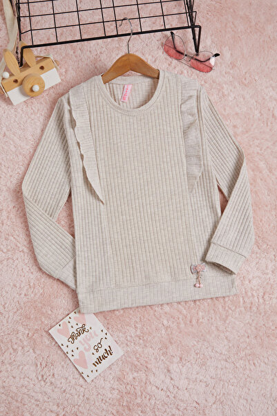 Cansın Mini Krem Önü Fırfırlı Fitilli Uzun Kollu Sweatshirt