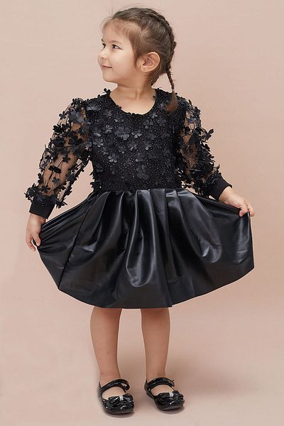 Cansın Mini Rochie din piele pentru fetiță cu imprimeu floral din tul negru 15035