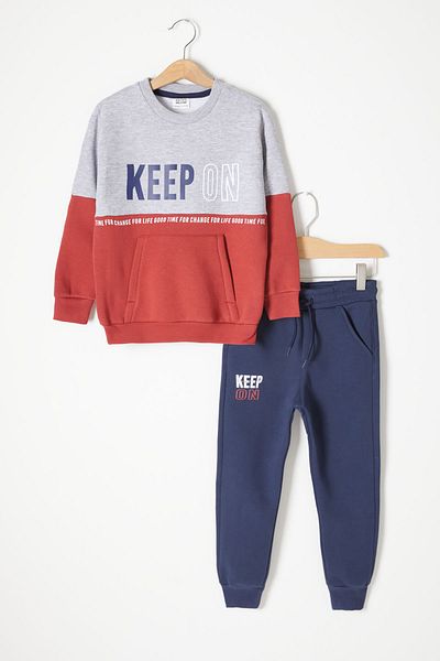 Cansın Mini Gray Kangaroo Pocket Text Printed Boy's Fleece Tracksuit 16737