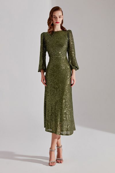 BETTY & SAM NICOLE Sparkly Sequin Khaki Balloon Sleeve Midi Dress