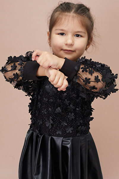 Cansın Mini Siyah Tüllü Çiçek Desenli Kız Çocuk Deri Elbise 15035