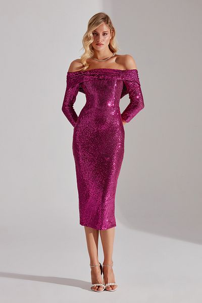 BETTY & SAM NATALIA Sequined Fuchsia Off Shoulder Pencil Skirt Evening Gown