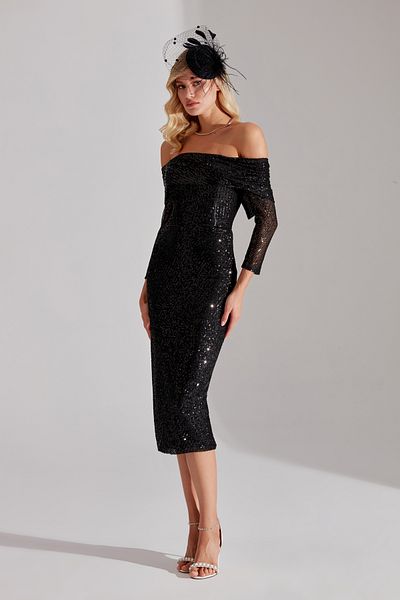 BETTY & SAM NATALIA Sequined BLACK Off Shoulder Pencil Skirt Evening Gown
