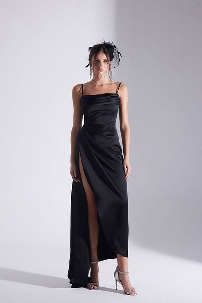 BETTY & SAM Satin Draped Black Strap Dress - Violet