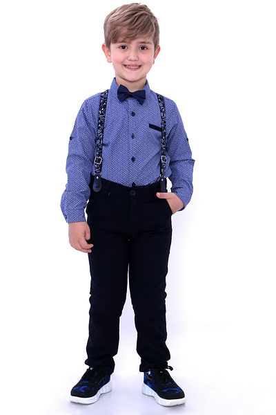 Cansın Mini Boy's Dark Blue Patterned Oxford Shirt Suit 1-8 years old 6215-1