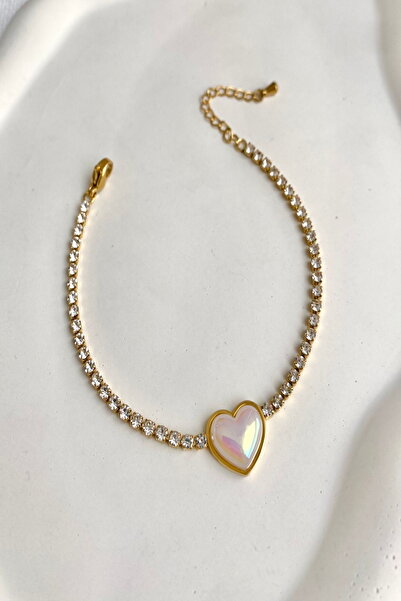 DEMOKAN Kadın Çelik Bileklik Zirkon Taş Su Yolu Sedef Kalp Bileklik