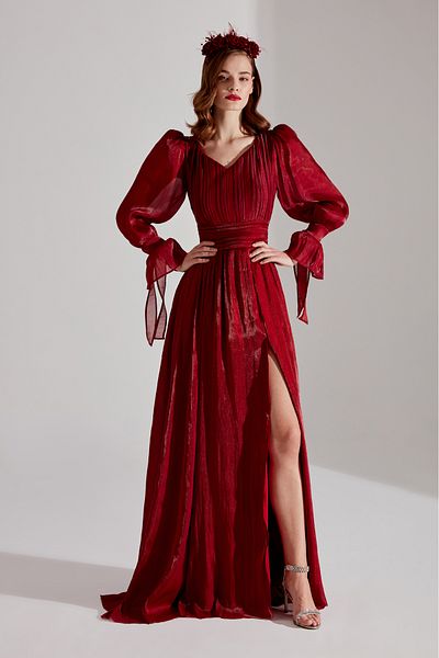 BETTY & SAM ANIKA - Dark Red V-Neck Slit Evening Dress