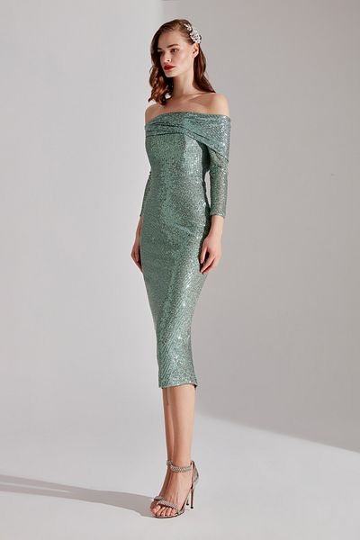 BETTY & SAM NATALIA Sequined Water Green Off Shoulder Pencil Skirt Evening Gown