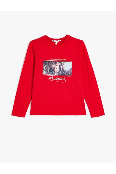 Koton Ataturk Printed T-Shirt Sequined Sequined Crew Neck Long Sleeve Cotton