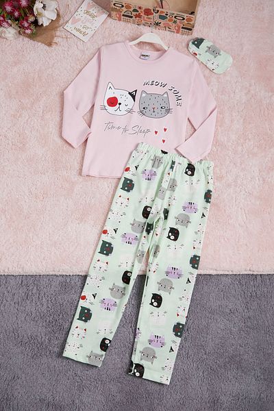 Cansın Mini Pink Meow Cat Print Girl's Pajama Set 16340