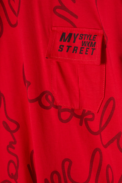 Cansın Mini Red Text Patterned Men's T-Shirt with Pockets 16080