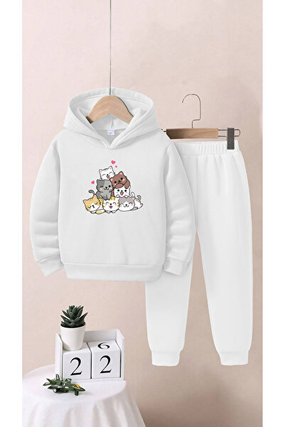 LAPS Kids Cats Printed Top and Bottom Tracksuit Set