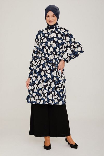 Armine Ecru Floral Print Tunic with Elastic Waist - 22K4109