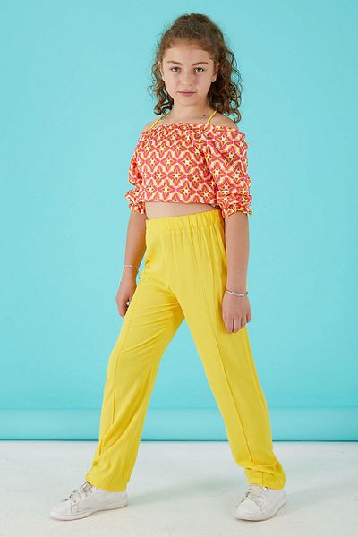Cansın Mini Girls' Suit with Yellow Patterned Blouse and Trousers 15649
