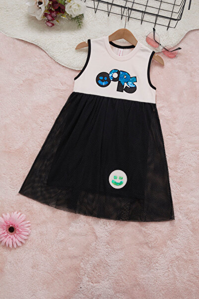 Cansın Mini فستان شبكي بدون أكمام بناتي مطرز بالترتر 14571