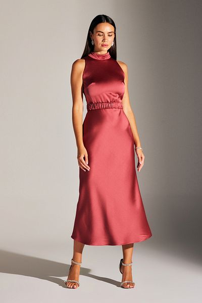 BETTY & SAM SIENA ÄRMELLOSES MADDEN-KRAGEN-NACHTKLEID AUS VENEDIG-ROTEM SATIN