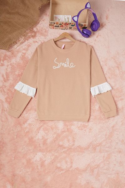 Cansın Mini Brown Smile Embroidered Girl's Waffle Sweatshirt 16591