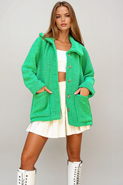 VAGGON Kadın Yeşil Çift Cepli Önü Düğmeli Şal Yaka Peluş Ceket Prm1183