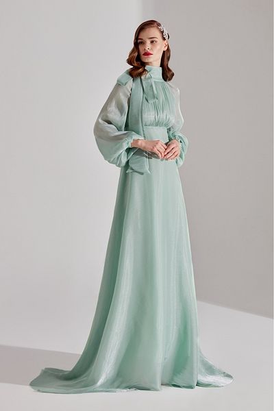 BETTY & SAM Water Green Ribbon Collar Flared Dress - ELIZABETH