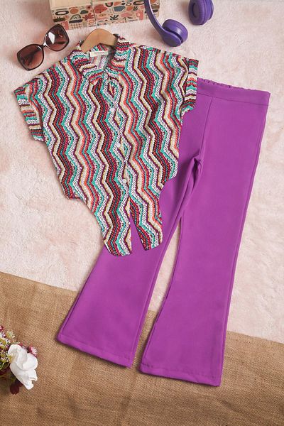 Cansın Mini Purple Patterned Shirt with Flared Trousers Girls Suit 15597