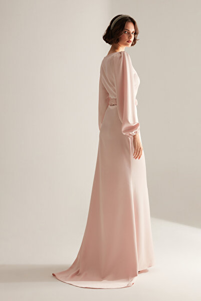 BETTY & SAM Komet Pudra Balon Kol Uzun Kuyruklu Abiye Elbise
