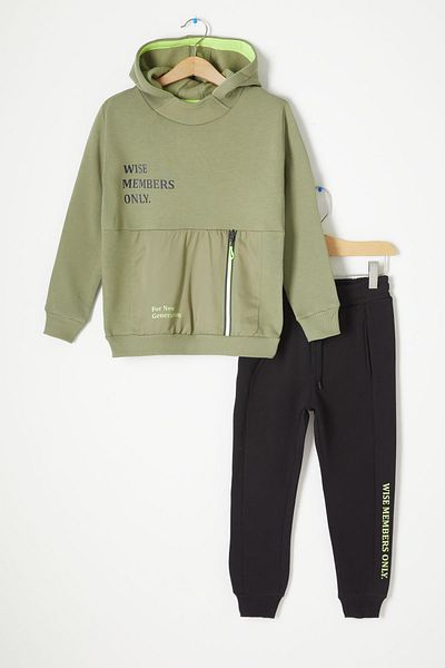 Cansın Mini Green Kangaroo Pocket Fleece Boy's Hooded Tracksuit Set 16731