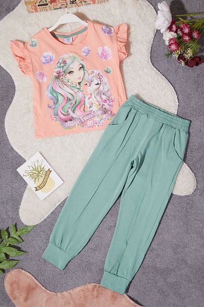 Cansın Mini Girl's Salmon Glitter Character Printed Top and Bottom Set 15262