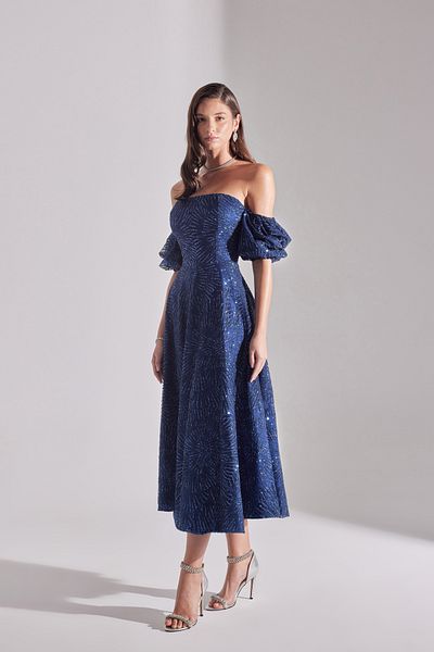 BETTY & SAM Sarah Glitter Balloon Sleeve Flounced Midi Engagement Dress