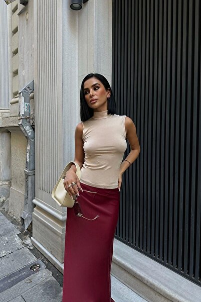 YOUR NAME Yarım Balıkçı Yaka Kolsuz Bej Kadın Uzun Bluz