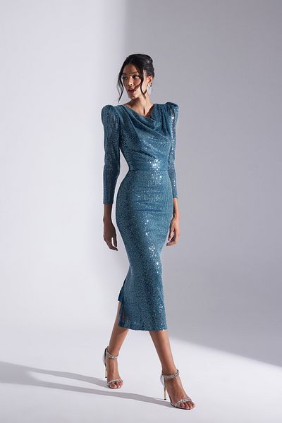 BETTY & SAM Μολύβι φούστα με λαιμόκοψη λαδιού ΜΠΛΕ Glitter Sequin Φόρεμα αρραβώνων