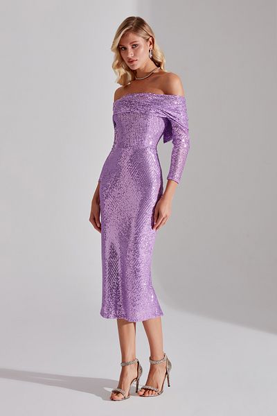 BETTY & SAM NATALIA Light Lilac Off Shoulder Pencil Skirt Evening Gown