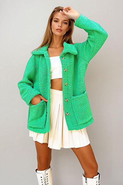 VAGGON Kadın Yeşil Çift Cepli Önü Düğmeli Şal Yaka Peluş Ceket Prm1183