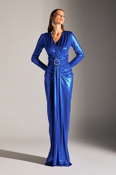 BETTY & SAM JANETTA SAKS SHIMMERING BODY-WRAPPING STONE-BELT BELT LONG SLEEVE EVENING DRESS