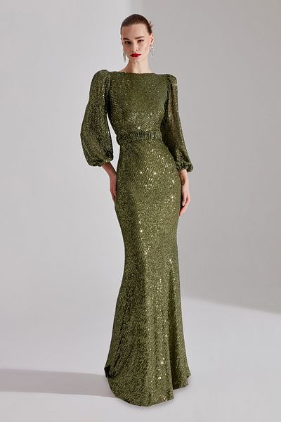 BETTY & SAM GRACE Sparkly Sequined KHAKI Balloon Sleeve Maxi Boy Evening Dress